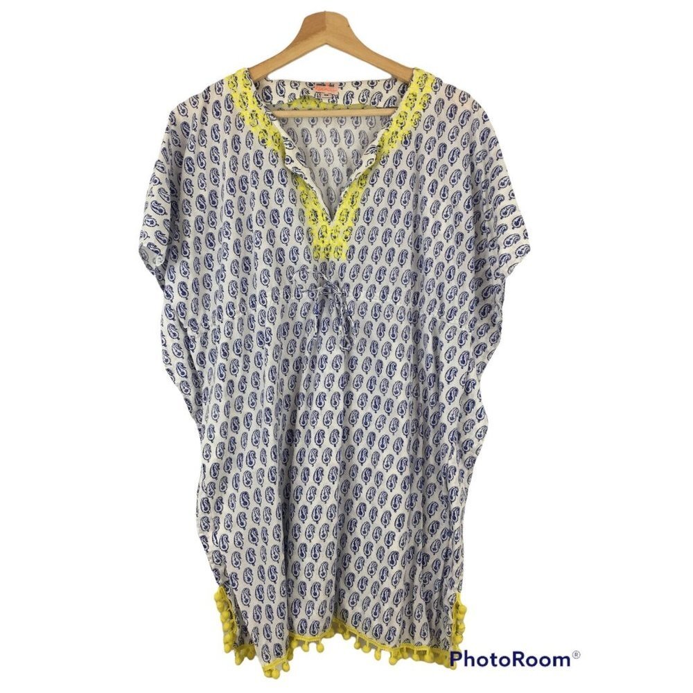 Stella & Dot Beach Cover‎ Up Blue Paisley Yellow Embroidery Pom Pom Fringe O/S